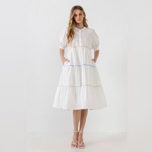 English Factory White Puff Sleeve Dress with Multicolor Accents
